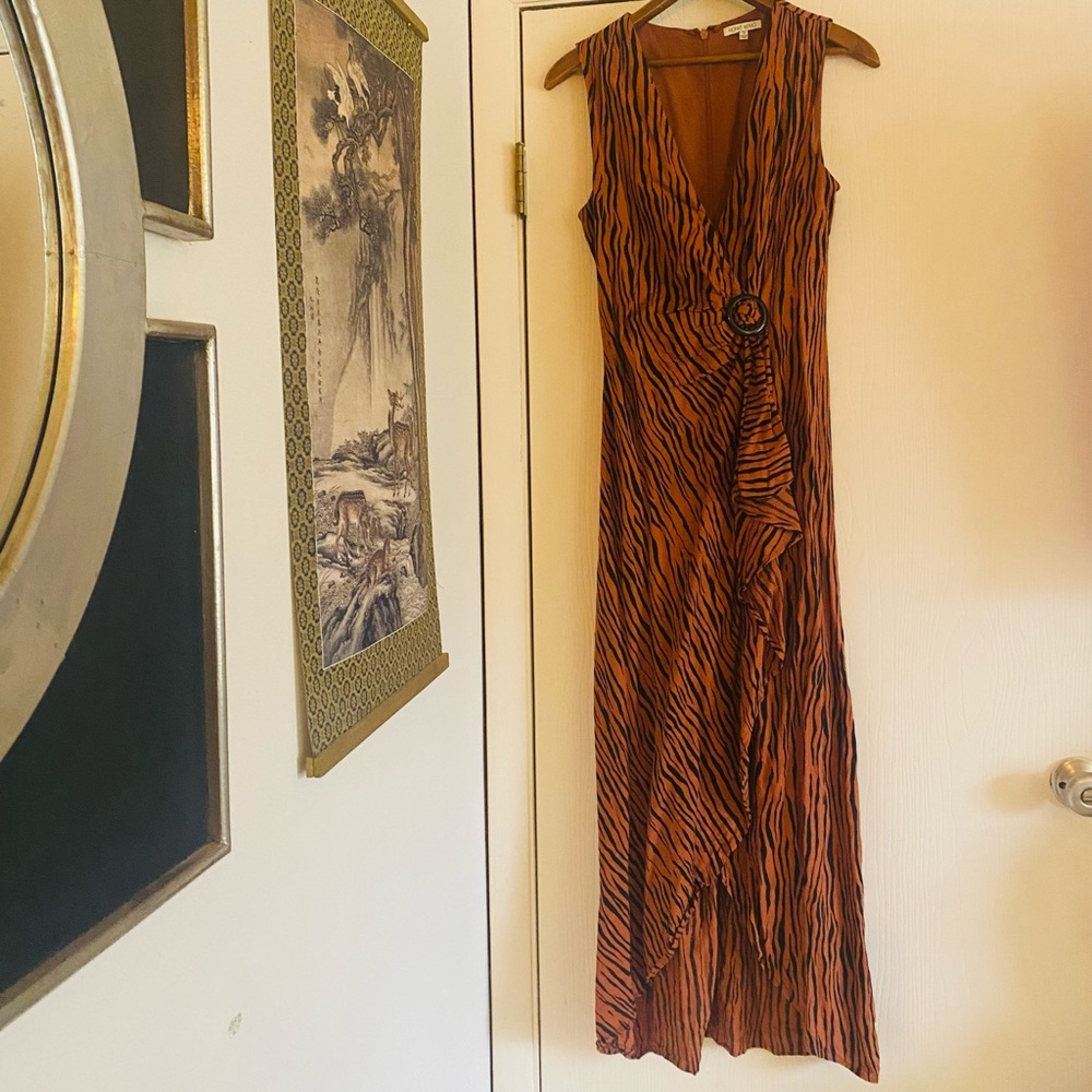 Ronny kobo tiger striped cheetah faux wrap deep V linen maxi dress S